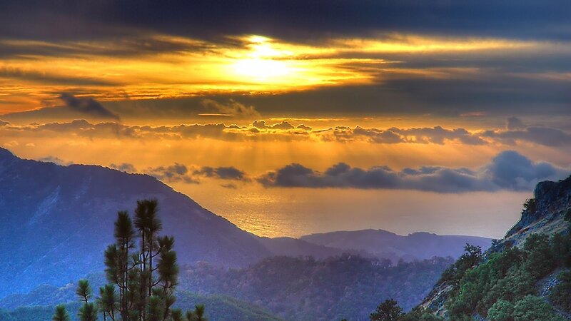 Mountain Landscape at Sunset — Yellow, Dramatic, Photograph