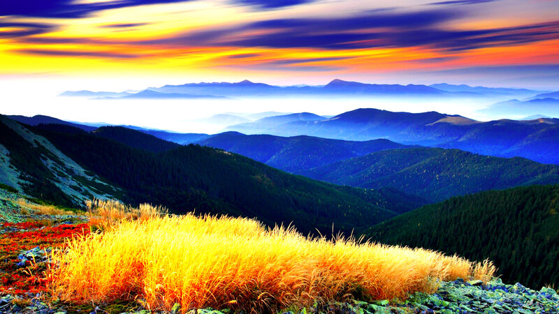 Mountain Landscape at Sunset — Yellow, Dramatic