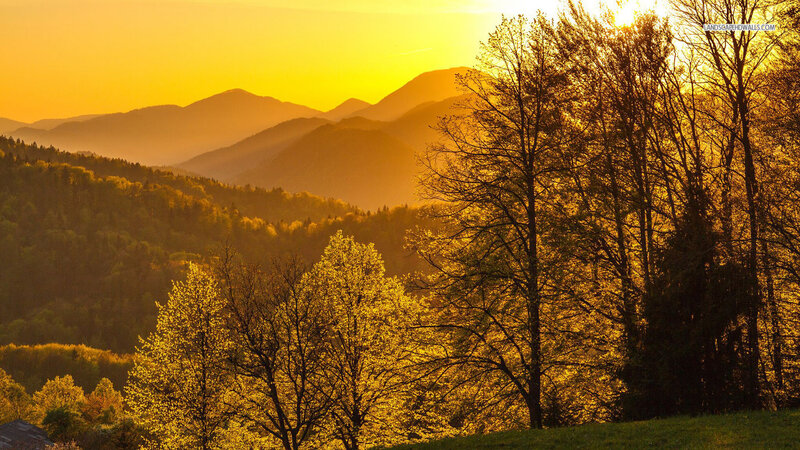 Mountain Landscape at Sunset — Yellow, Serene, Photograph