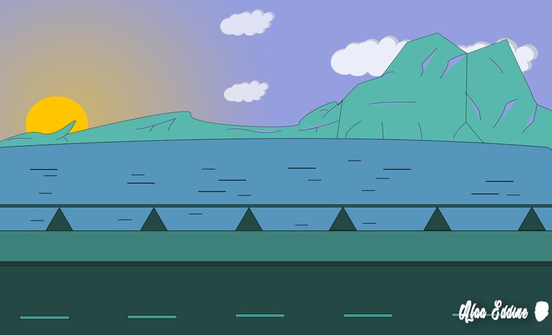 Mountain Landscape — Blue, Serene, Sunset, Illustration