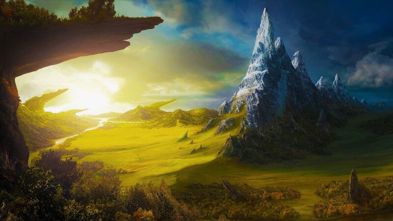 Mountain Landscape — Green, Dramatic, Sunset, Digital Art