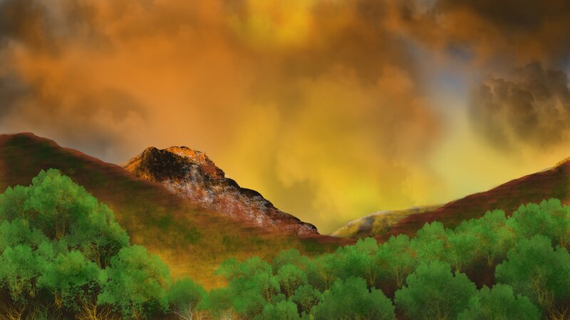 Mountain Landscape — Green, Dramatic, Sunset, Digital Art, Trees