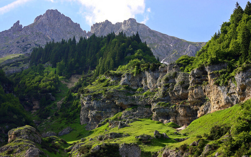 Mountain Landscape — Green, Serene, Afternoon, Photograph, Trees, Rocks, Sky, Gray