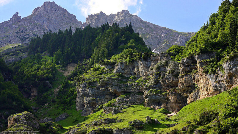 Mountain Landscape — Green, Serene, Afternoon, Photograph, Trees, Rocks, Sky