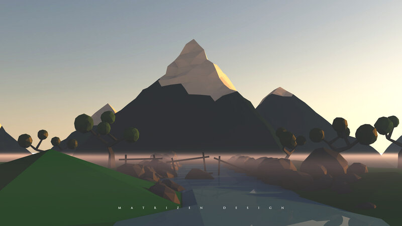 Mountain Landscape — Green, Serene, Sunset, Digital Art