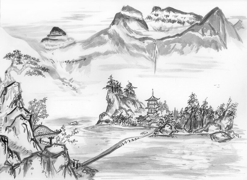Mountain Landscape Painting — Black, Serene, Mountains