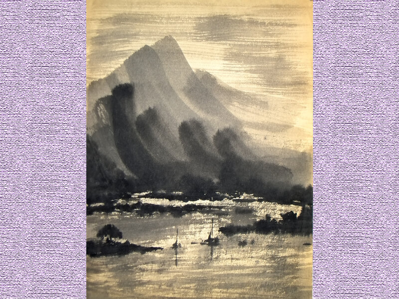 Mountain Landscape Painting — Black, Serene, Sunset