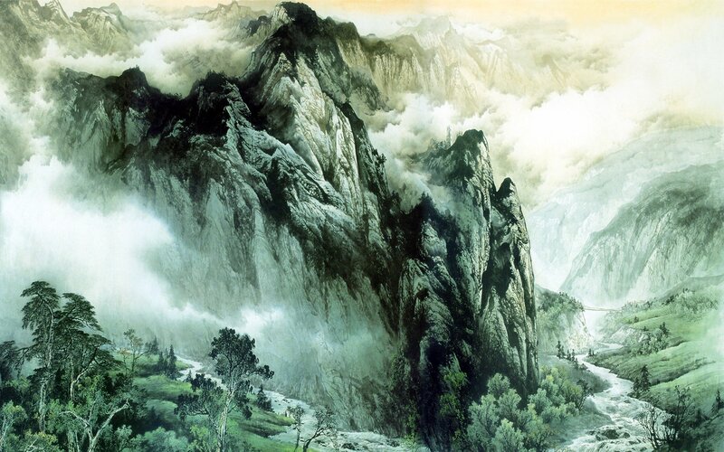 Mountain Landscape Painting — Green, Serene, Mountains