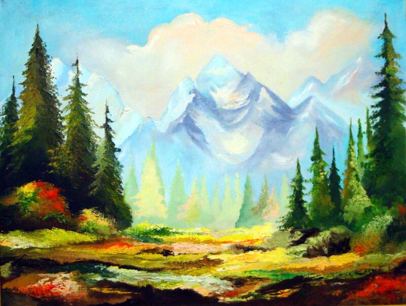 Mountain Landscape Painting — Green, Serene, Trees