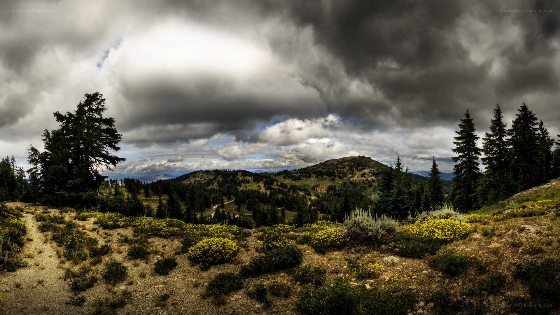 Mountain landscape under stormy sky