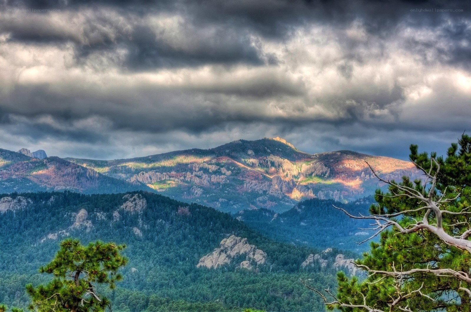 Mountain landscape under stormy sky
