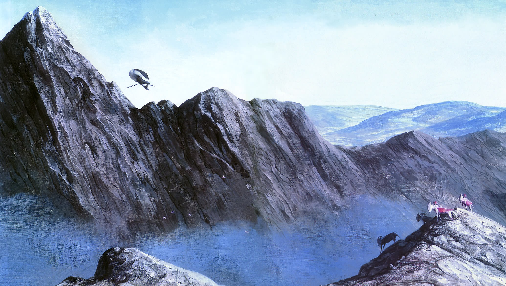 mountain landscape with airship