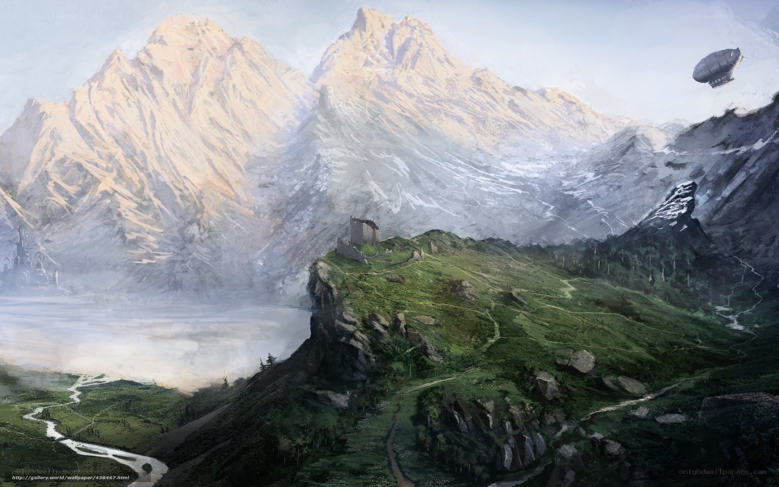 mountain landscape with airship