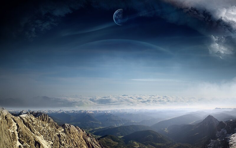 Mountain landscape with alien moon