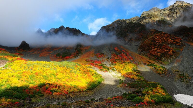 Mountain Landscape with Autumn Foliage — Yellow, Dramatic, Photograph