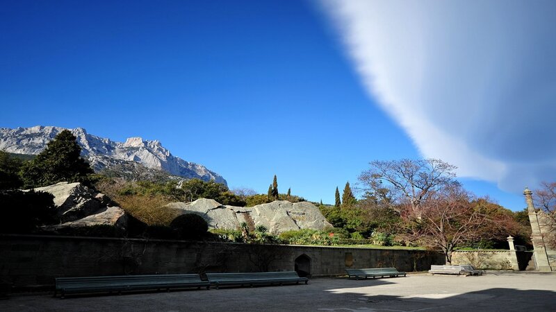 Mountain Landscape with Benches — Blue