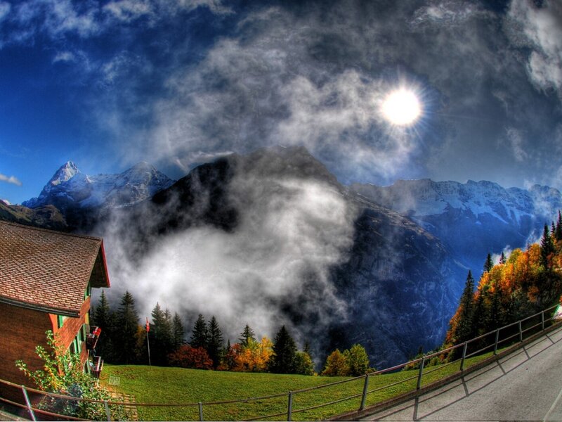 Mountain Landscape with Cabin — Blue