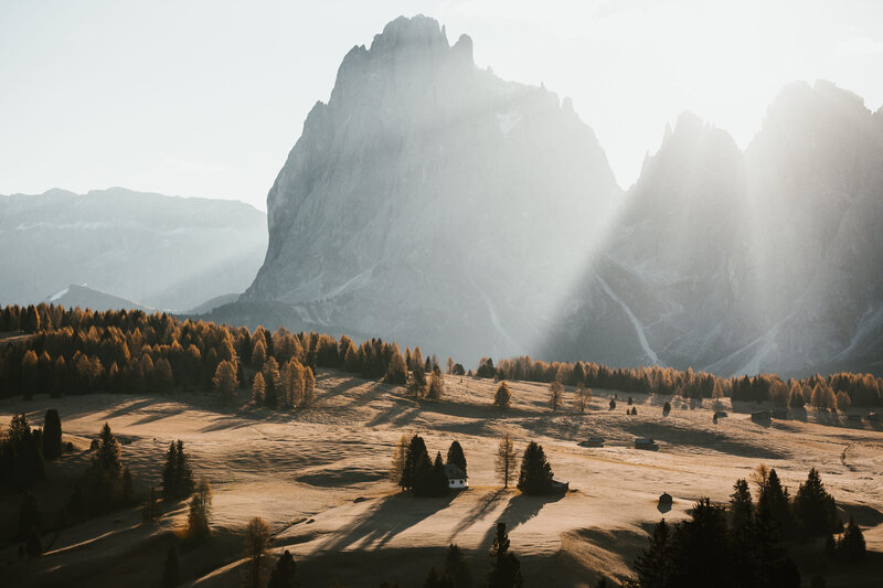Mountain Landscape with Cabin — Brown