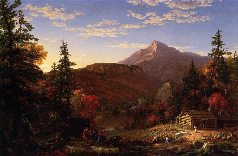 Mountain landscape with cabin