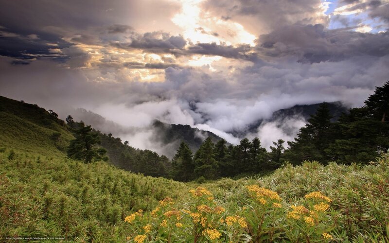 Mountain Landscape with Clouds — Green, Dramatic, Sunrise