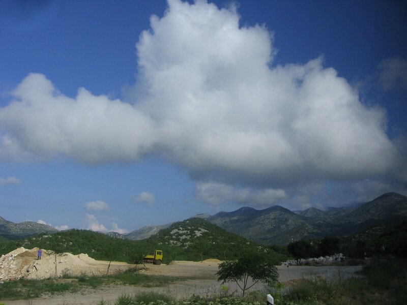 Mountain landscape with construction site