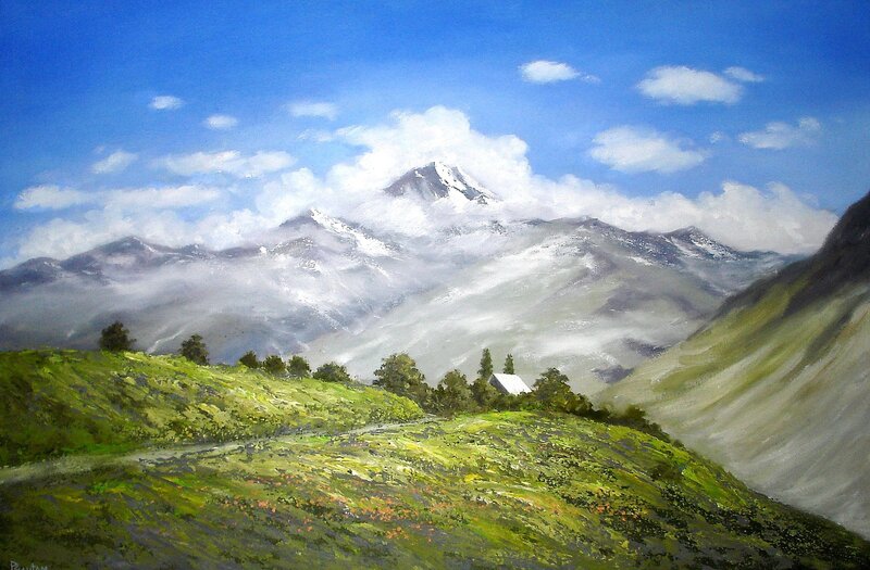 Mountain landscape with cottage
