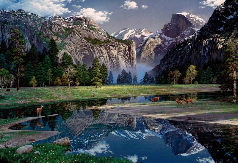 Mountain landscape with deer