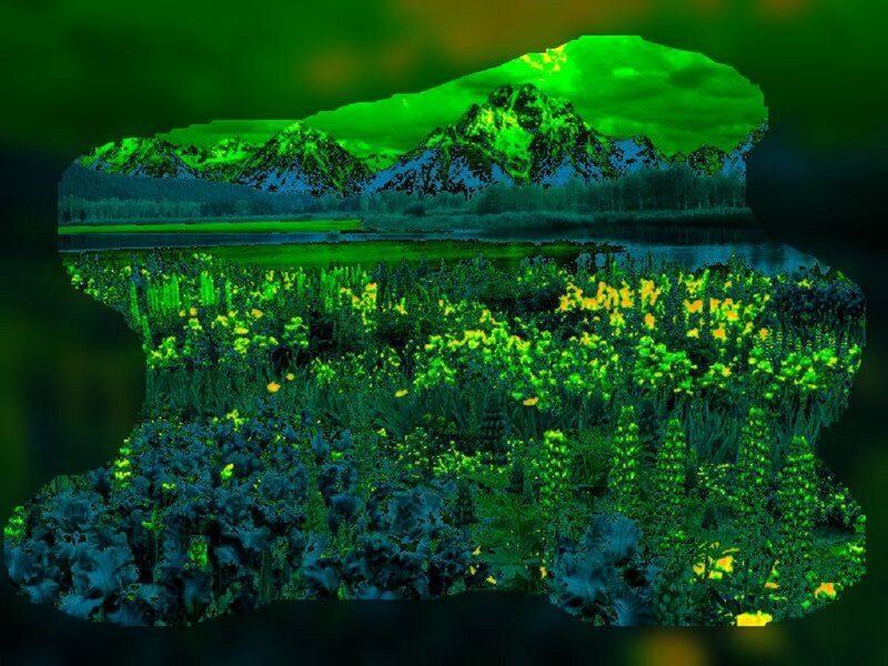 Mountain Landscape with Flowers — Green, Dramatic, Digital Art