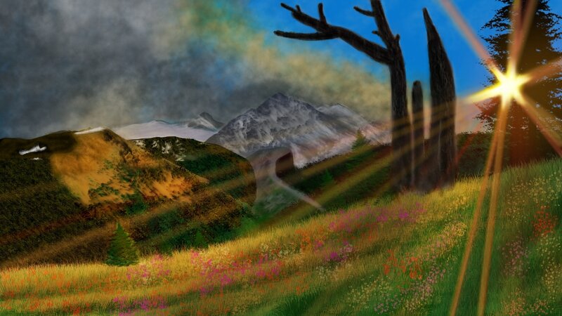 Mountain Landscape with Flowers — Green, Dramatic, Sunset, Digital Art