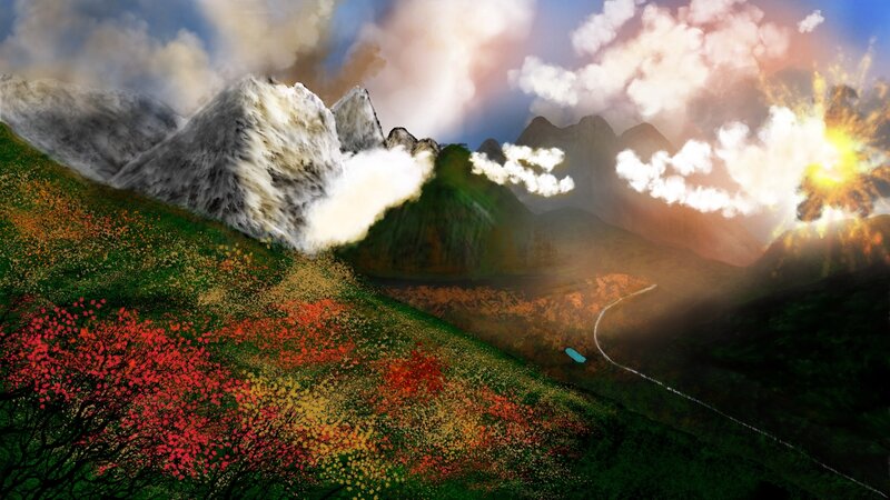 Mountain Landscape with Flowers — Green, Dramatic, Sunset