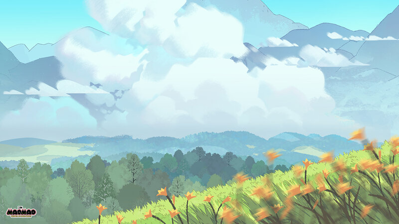 Mountain Landscape with Flowers — Green, Serene, Afternoon, Digital Art