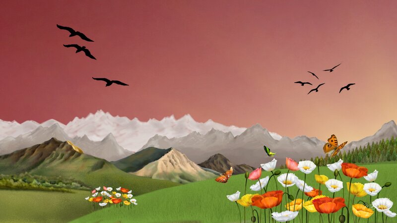 Mountain Landscape with Flowers — Green, Serene, Sunset