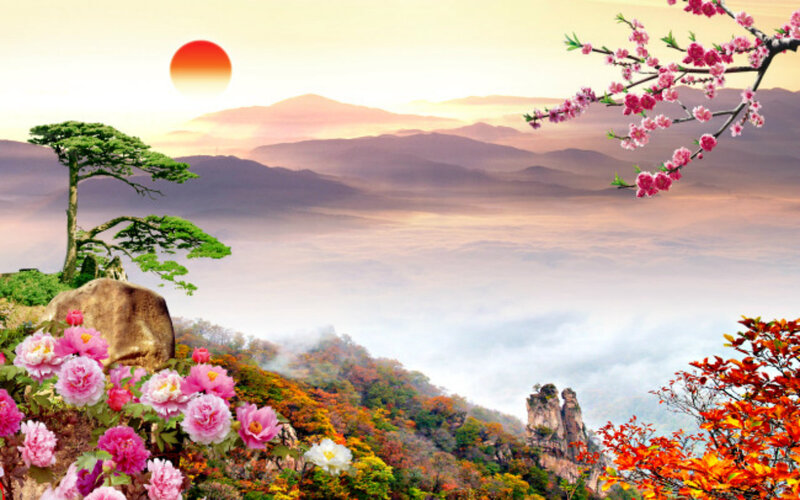 Mountain Landscape with Flowers — Pink