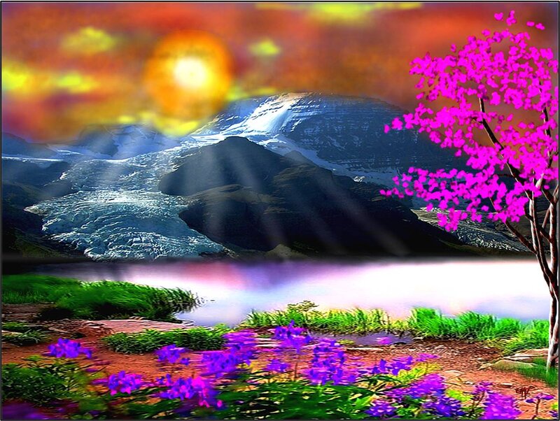 Mountain Landscape with Flowers — Purple, Dramatic