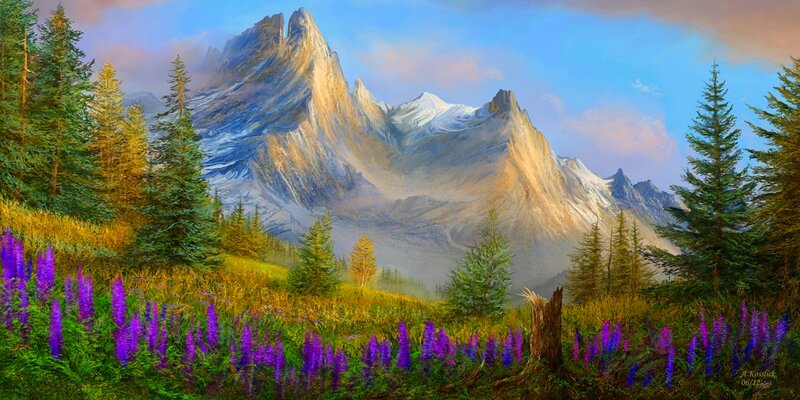 Mountain Landscape with Flowers — Purple, Serene