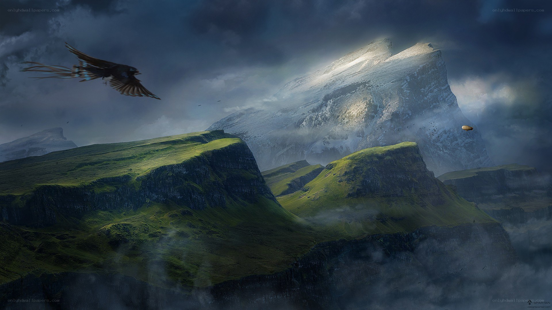 Mountain landscape with flying bird