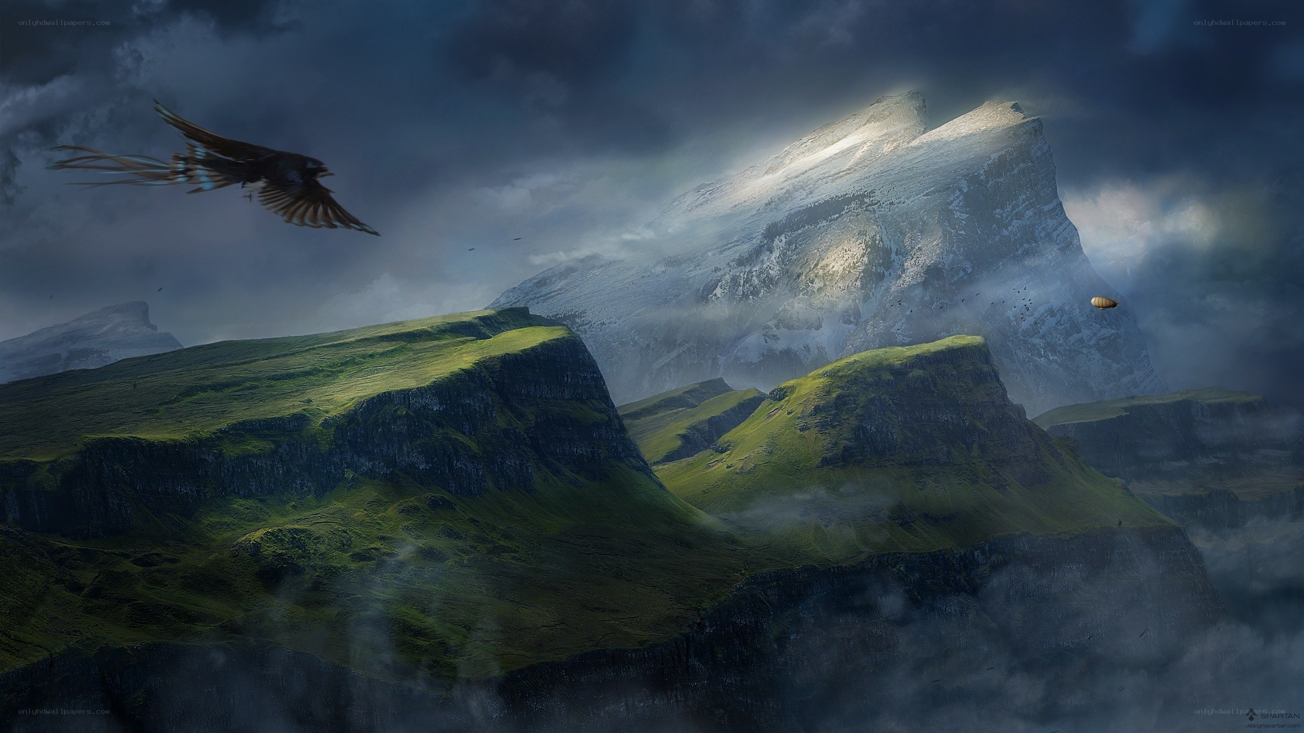 mountain landscape with flying bird
