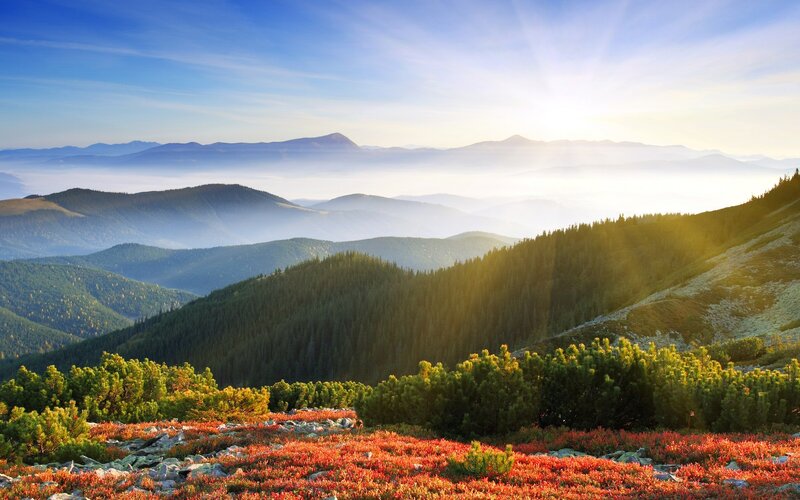 Mountain Landscape with Fog — Blue, Serene