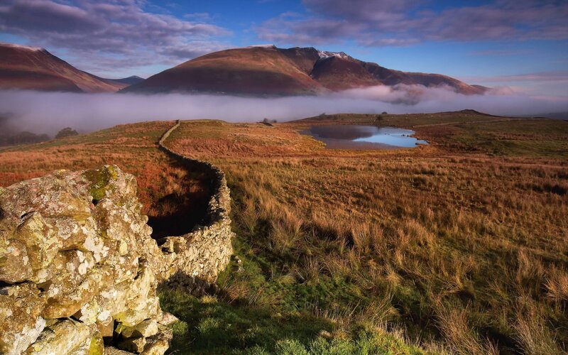 Mountain Landscape with Fog — Brown, Serene, Morning, Photograph