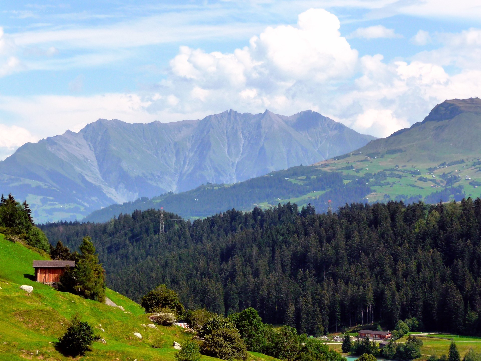 Mountain landscape with forest and cabin