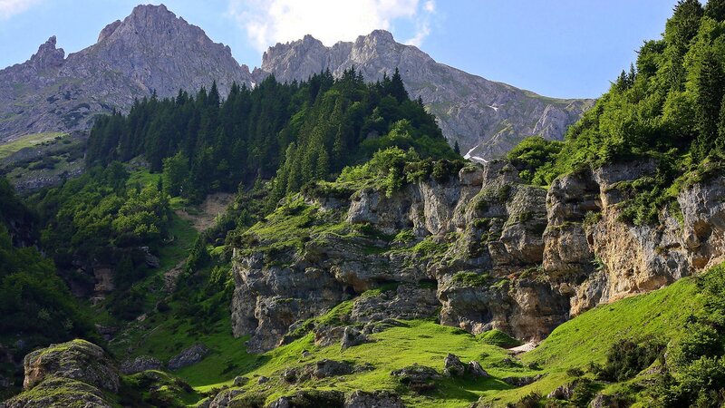 Mountain Landscape with Forest — Green, Serene, Afternoon, Photograph, Trees, Rocks