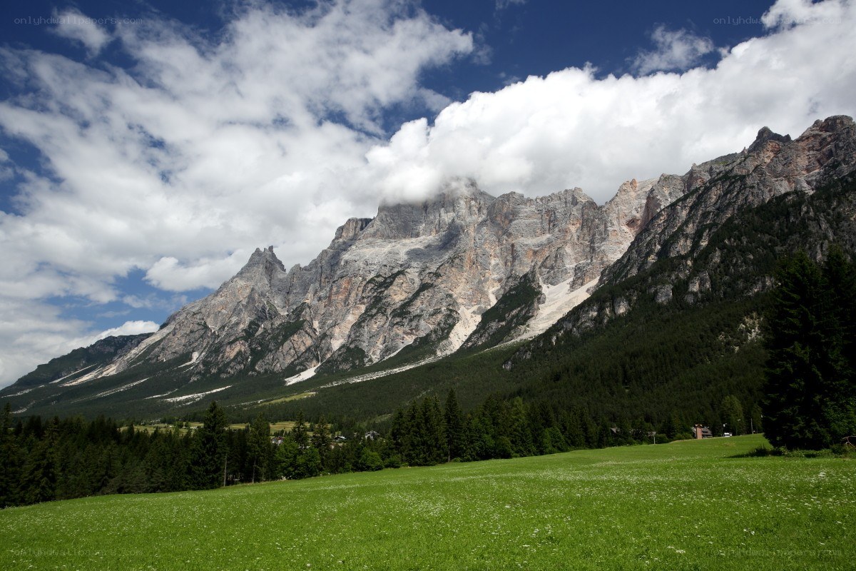 Mountain landscape with green field