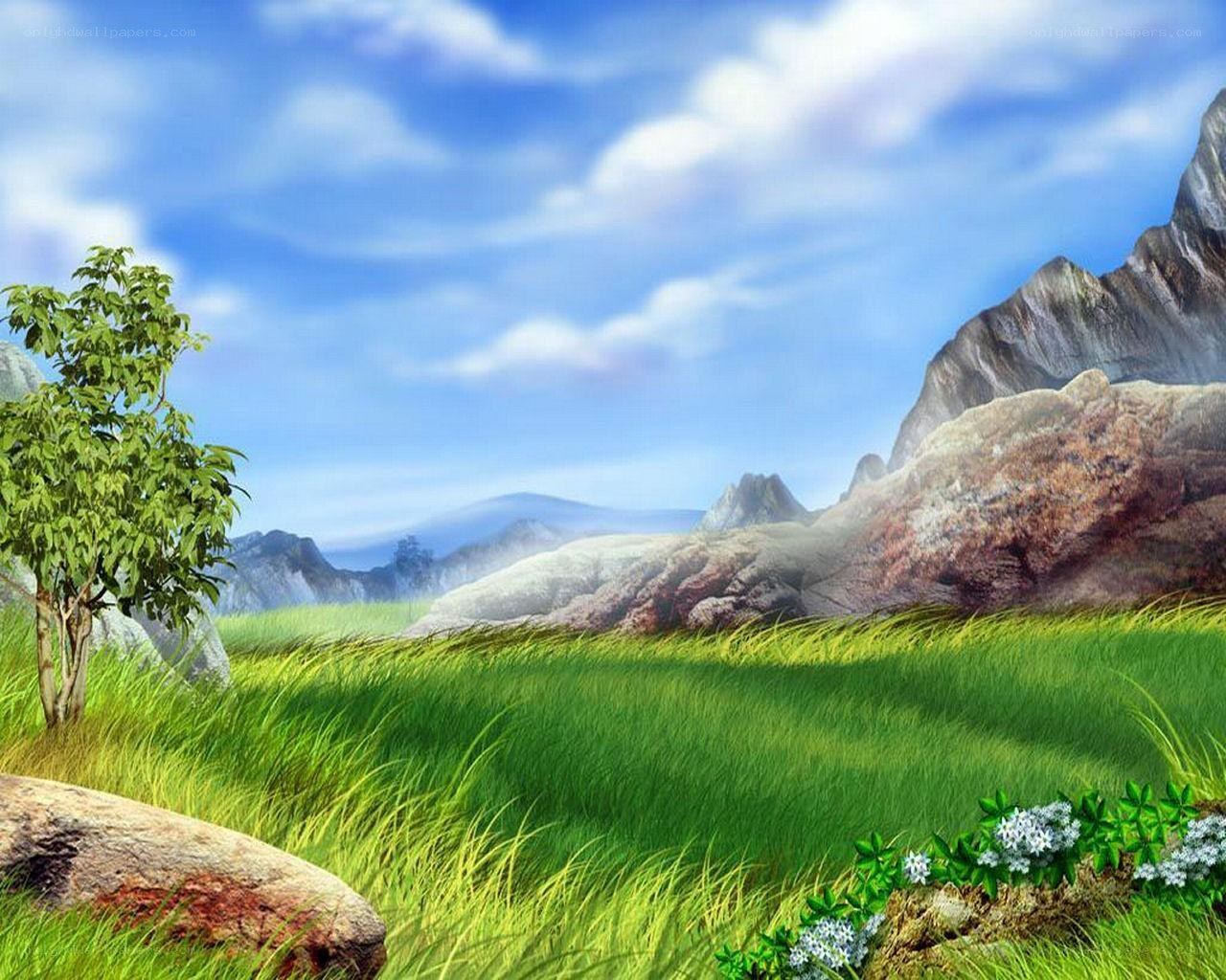 Mountain landscape with green field