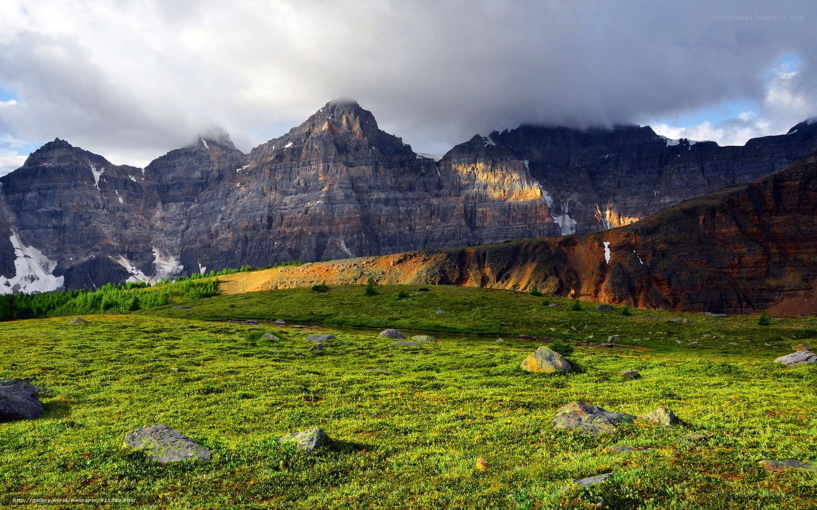 Mountain landscape with green meadow