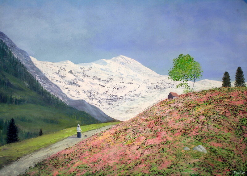 Mountain landscape with hiker