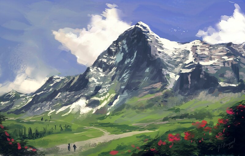 Mountain Landscape with Hikers — Green