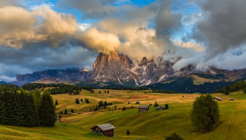 Mountain Landscape with Huts — Green