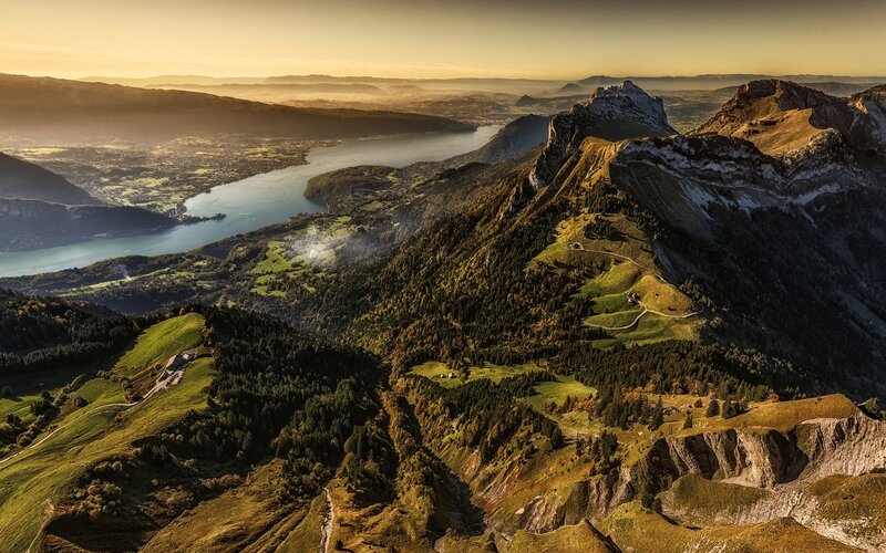 Mountain Landscape with Lake — Green, Serene, Sunset