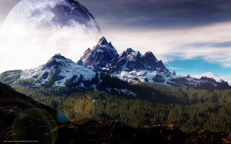 Mountain landscape with large moon