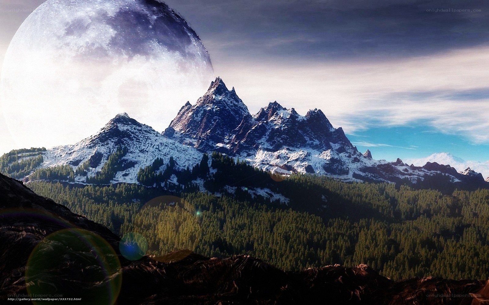 Mountain landscape with large moon